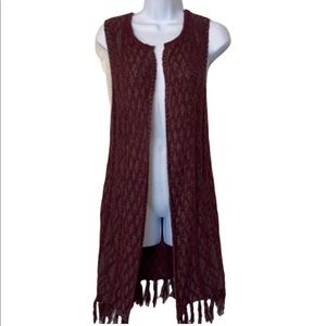 Women's Burgundy Long Open Front Fringe Vest S